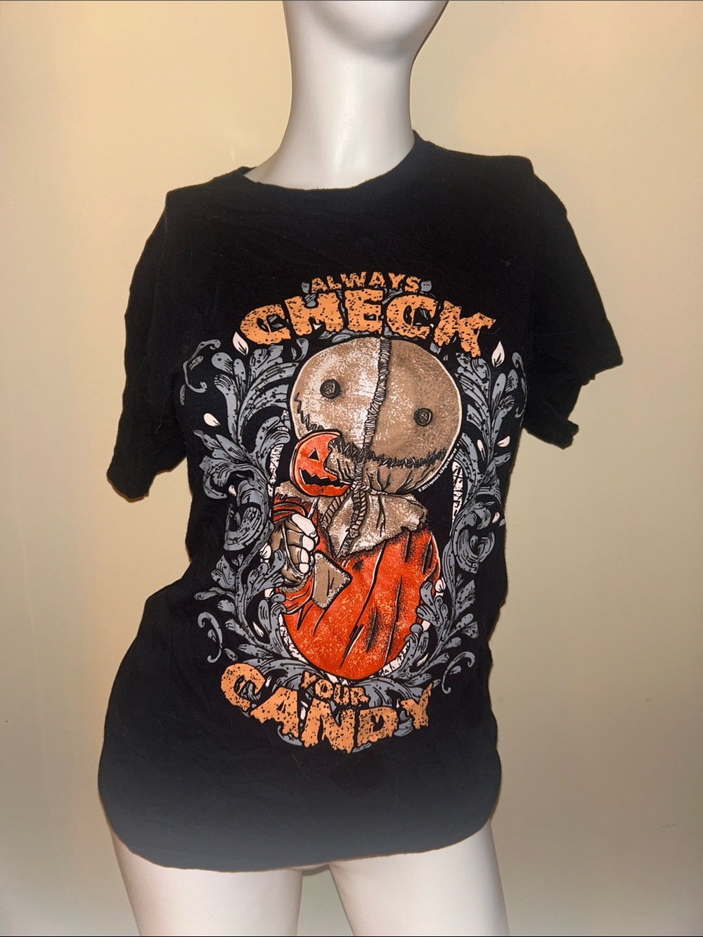Spencer's Black Tee with Orange and Brown Halloween Sackboy Graphic